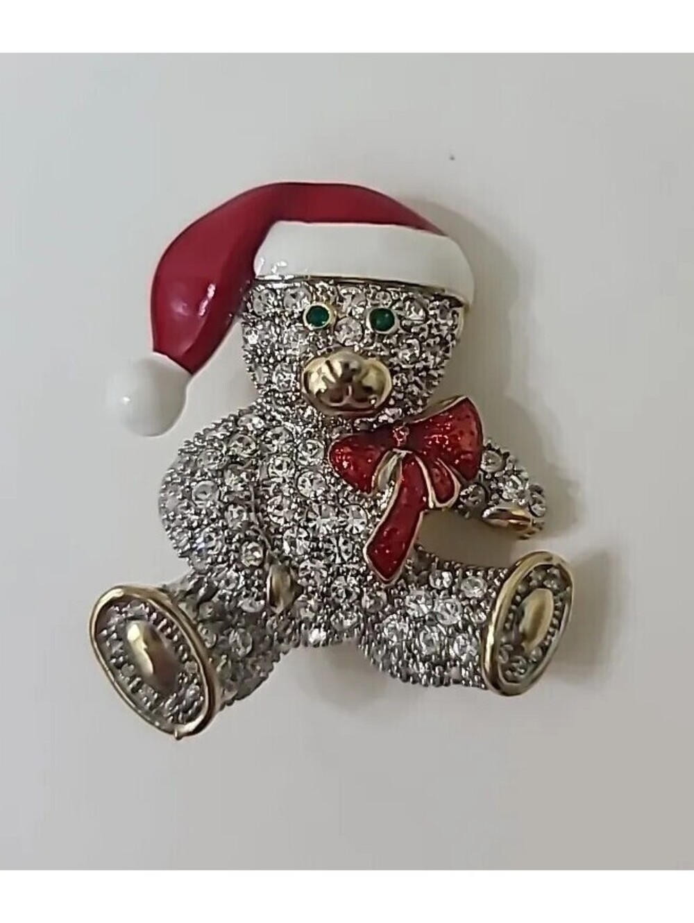 Christmas Teddy Bear Pin Clear Crystals Green Eyes Goldtone 1/2" x 1 1/2"